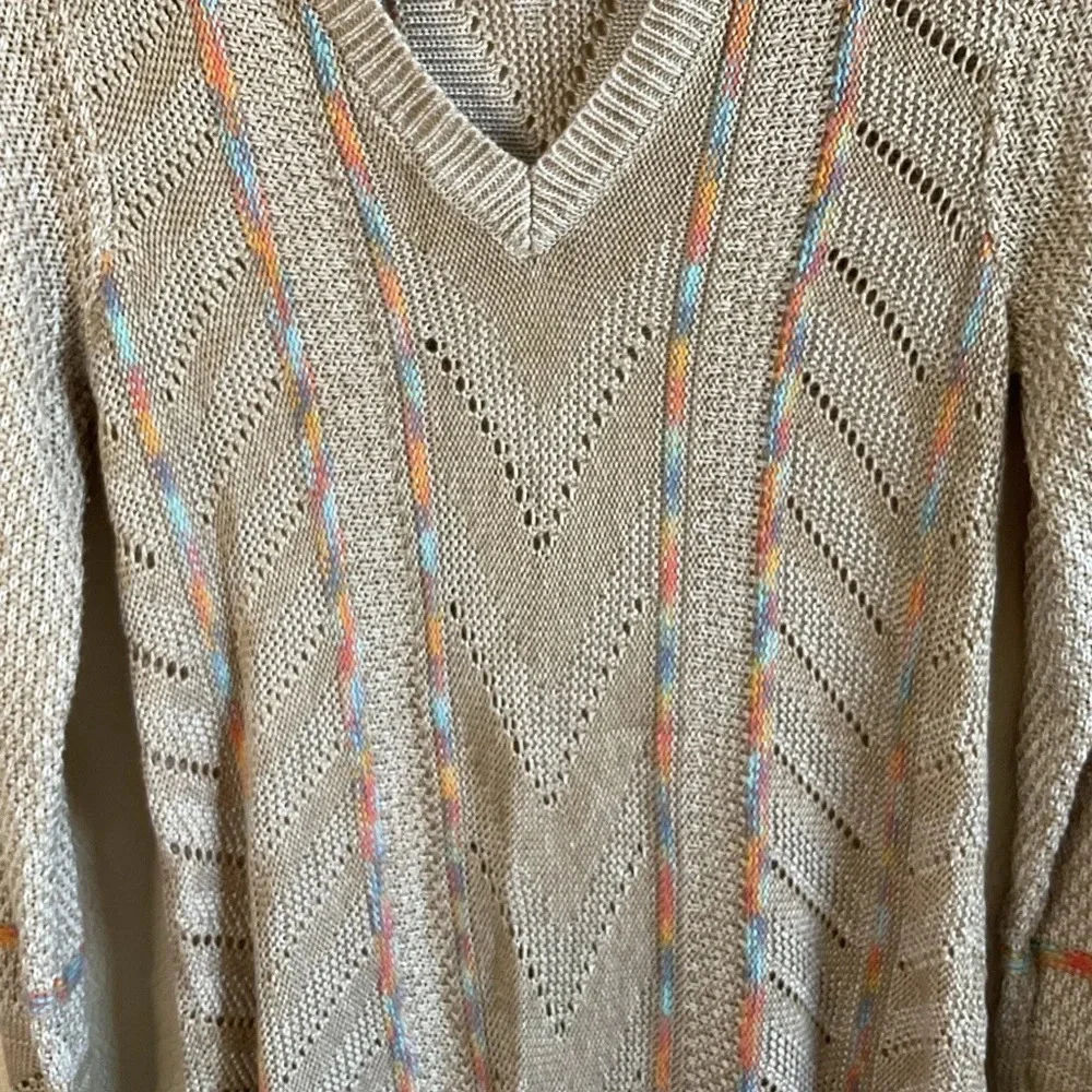 Anthropology Love On a Hanger Womens Tan Blue Orange‎ Knit V-Neck Sweater Small